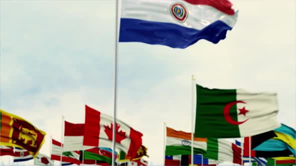 Paraguay Flag With World Globe Flags Morning Shot