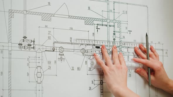 Architect Designer Working with Plan Blueprint Closeup