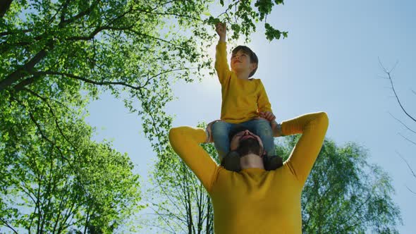 Boy standing on father's shoulders