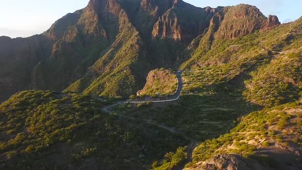 View From the Height of the Rocks and Winding Road in the Masca at Sunset Tenerife Canary Islands