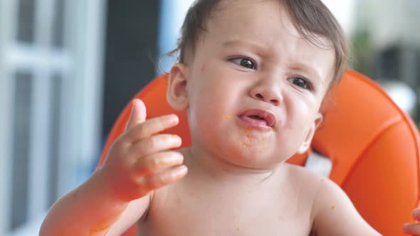 Closeup of a Child Trying a Tangerine for the First Time the Kid Takes a Slice of Tangerine with His