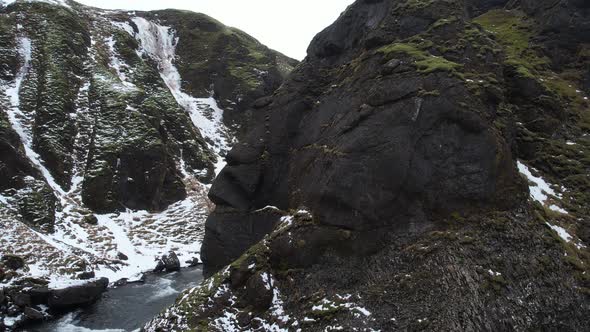 Aerial view of Fjardarargljufur canyon with river in wintertime, Iceland.