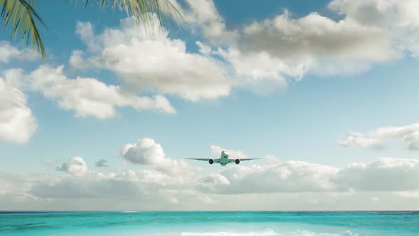 The airplane landing over the beach