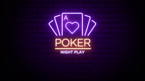 Poker Night Play Neon Sign on Brick Wall Background 4K