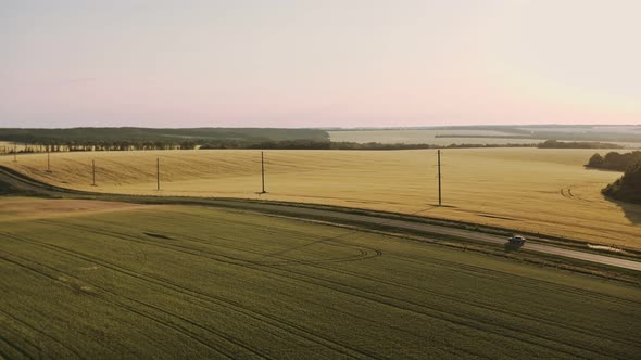 Aerial Shot From Above Driving White Car in a Field Along a Rural