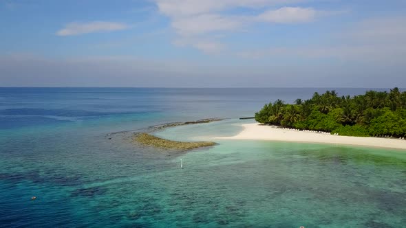 Aerial travel of marine coastline beach journey by water with sand background