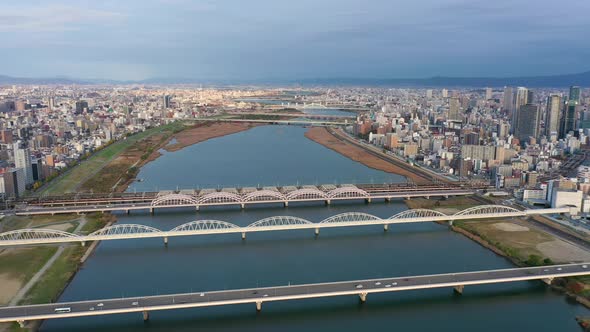 Aerial view 4k video by drone of River and building in Osaka city
