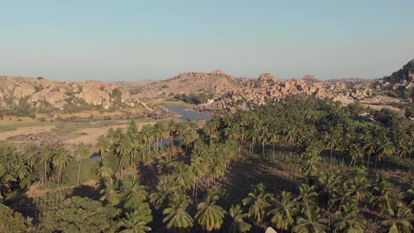 Fly over palm trees with river and hills in background.  Hampi,  Karnataka, India.