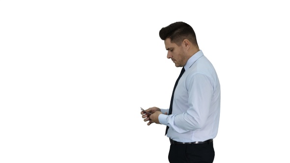 Businessman is counting money on white background.