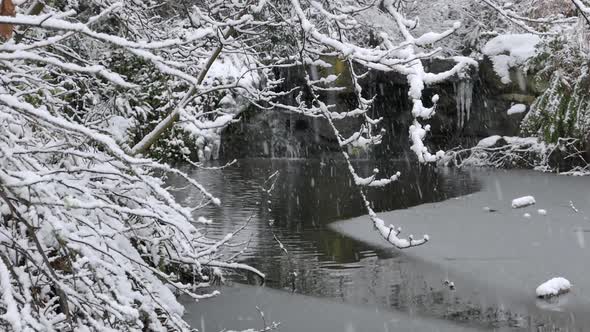 Waterfall In Snowfall