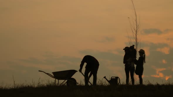 Young Family Having Fun Outdoors in Their Farm. Silhouette Family of Four Planting a New Tree