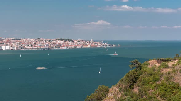 Panorama of Lisbon Historical Centre Aerial Timelapse Viewed From Above the Southern Margin of the