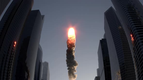 Fire Ball Flies Between Skyscrapers 4k