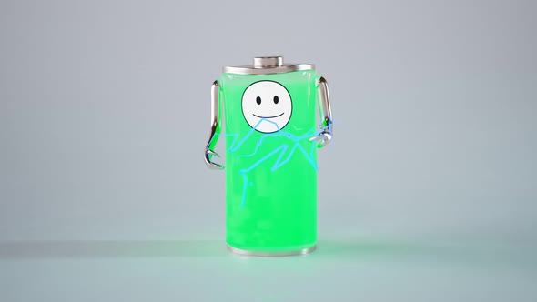 Funny empty rechargeable battery made of metal and glass losing energy Render 4K