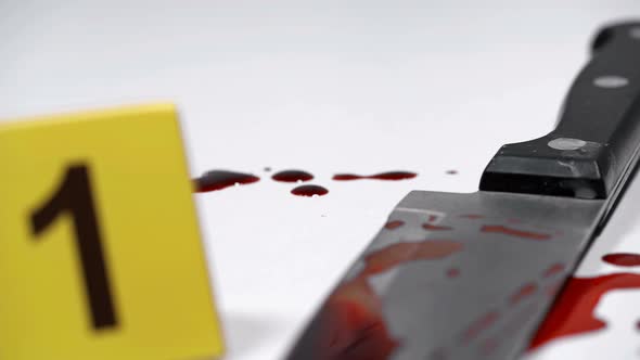 At the Crime Scene, a Knife in the Blood, Marked with a Photo Marker