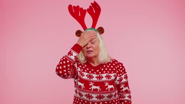 Upset Senior Christmas Old Woman Making Face Palm Gesture Feeling Bored Disappointed Bad Result