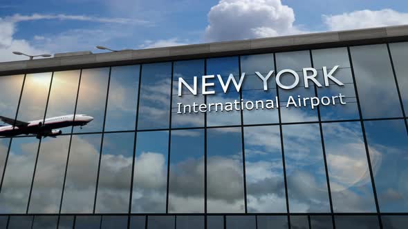 Airplane landing at New York USA airport mirrored in terminal alt
