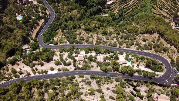 Aerial: Road in mountains of Mallorca, Spain