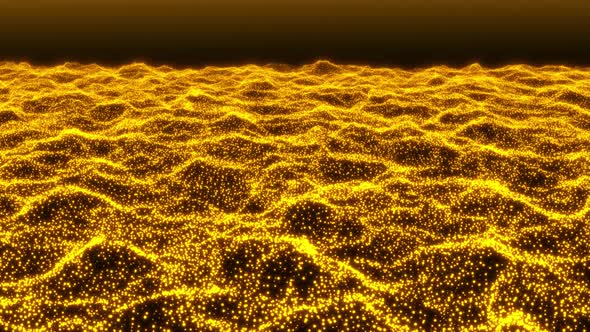 Abstract background of yellow luminous particles forming a raised surface