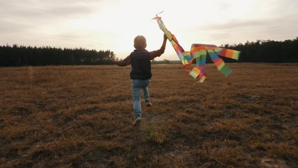 Little Boy Running with a Kite in Nature