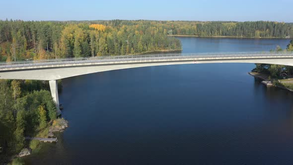 The Aerial Shot of the Long Bridge Across Lake Saimaa in Finland