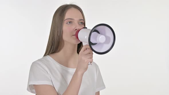 Beautiful Woman Announcing on Loudspeaker, White Background