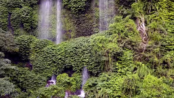 Slow motion waterfall water curtain overgrown green walls.Perfect aerial view flight pull in drone