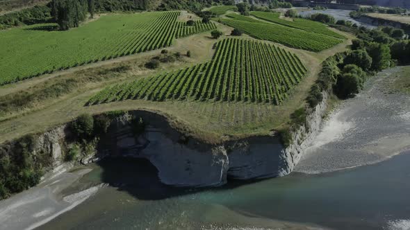 Drone pulls back to reveal cliffside vineyard next to a river in Marlborough New Zealand