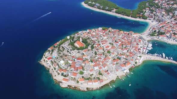 Flying above famous dalmatian nautical destination, Primosten, Croatia