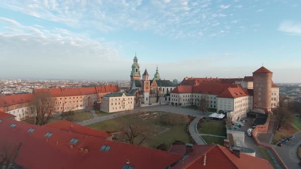 Aerial Flying Towards Wawel Royal Castle Krakow Poland