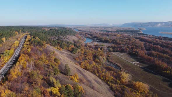 Aerial view of the left bank of the Volga river near the city of Samara.