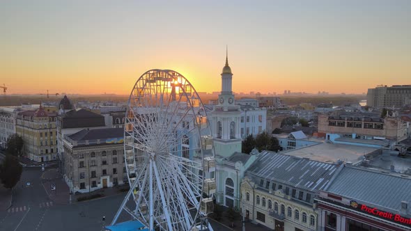 Historical District of Kyiv - Podil in the Morning at Dawn. Ukraine. Aerial View