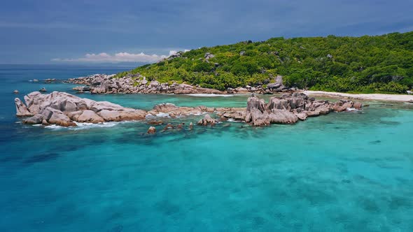 Aerial View of Unique Coastline with Surreal Nature Granite Boulders on Remote Paradise Like Beach