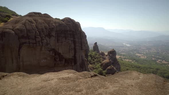 Aerial view of rocks near the Roussanou Monastery in Meteora, Greece.