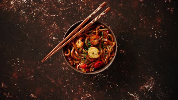 Traditional Asian Udon Stir-fry Noodles with Shrimp