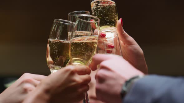 Beautiful Woman Drinking Alcohol with Friends Group on Restaurant Celebration