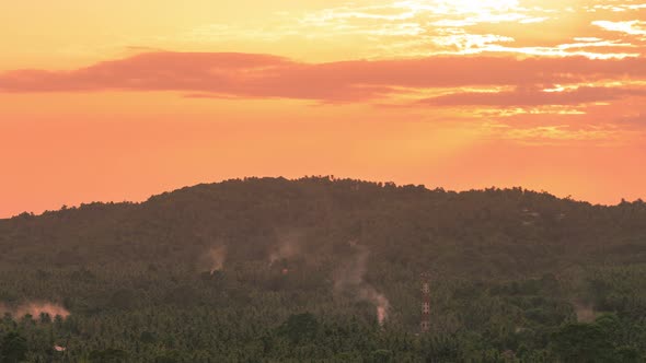 View of tropical mountain with palm at sunset time