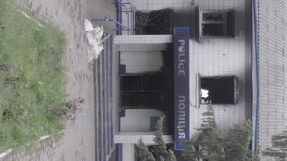 Vertical Video of a Destroyed Police Station During the War in Ukraine
