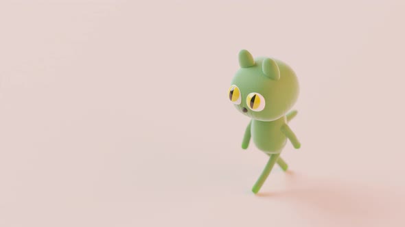 Cute cartoon green cat walking