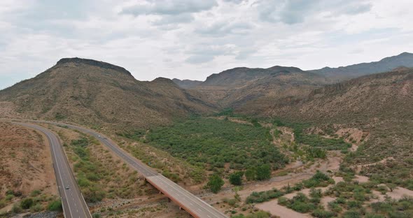 Aerial View Wild West Landscape with a Cactus View of Desert Valley Mountains in the Arizona United