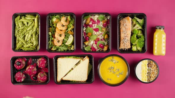 Food Delivery Top View Take Away Meals in Disposable Containers on Pink Background