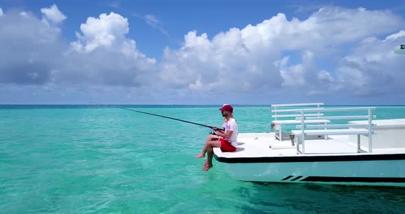 Romantic lady and man on romantic honeymoon spend quality time on beach on clean white sand 4K backg