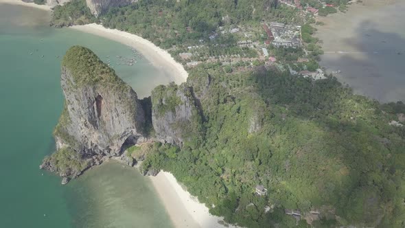 Aerial view of limestone rocks in sea, Phra Nang beach, Krabi Province, coastline Phuket, Thailand.