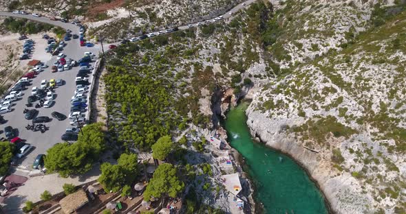 Drone view of cliff jumps at Porto Limnionas, Zakynthos Island, Greece