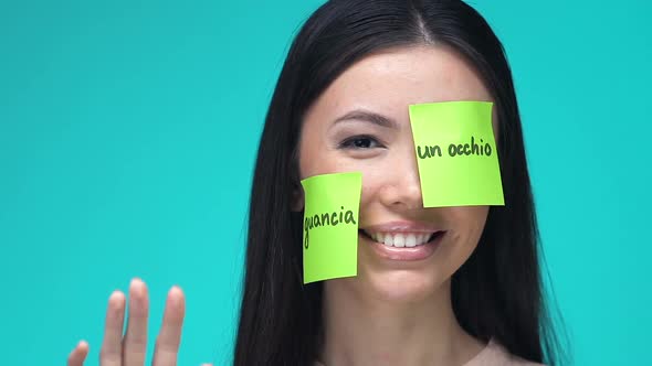 Happy Female With Sticky Notes, Learning Body Parts in Portuguese, Education