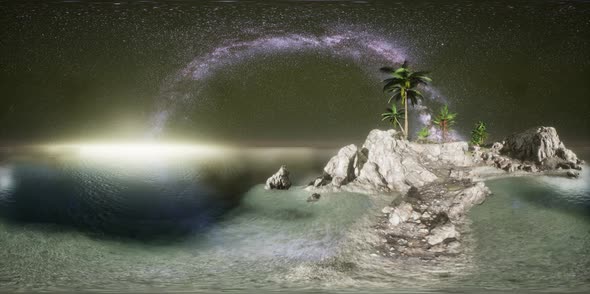 VR 360 Beautiful Fantasy Tropical Beach with Milky Way Star in Night Skies