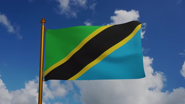 National flag of Tanzania waving with flagpole and blue sky timelapse