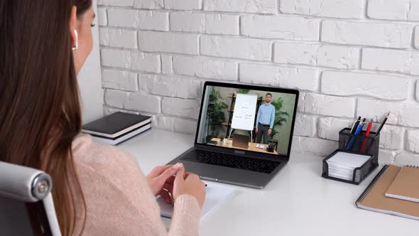 Businesswoman at Home Office Greets Tells Online Video Call Chat Laptop Webcam