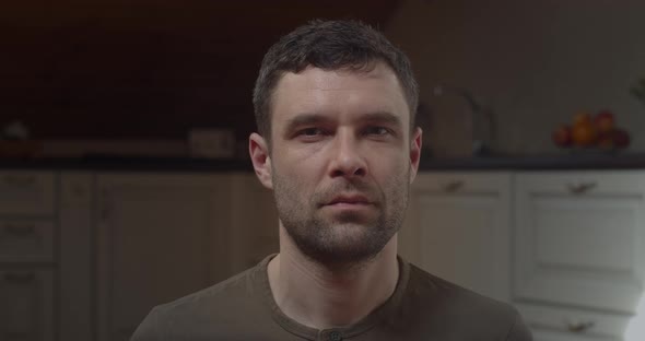 Peaceful Man Meditate Alone at Home Feeling Calm Tranquil Close Up Face