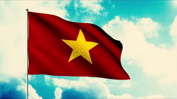 Red Waving Flag of Vietnam with a Yellow Star